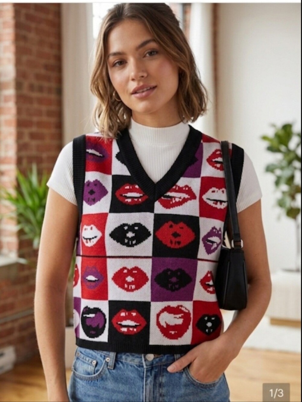 Garage Checkerboard Lip Knit Vest in Red, Purple, Black, White